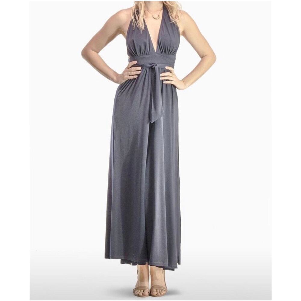 NWOT Josa Tulum Cata Maxi Goddess Tie Low Halter Dress – Warm Grey (One Size)